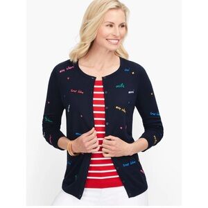 Talbots Charming Cardigan- Embroidered Navy/Yellow/Red Style # P203121431